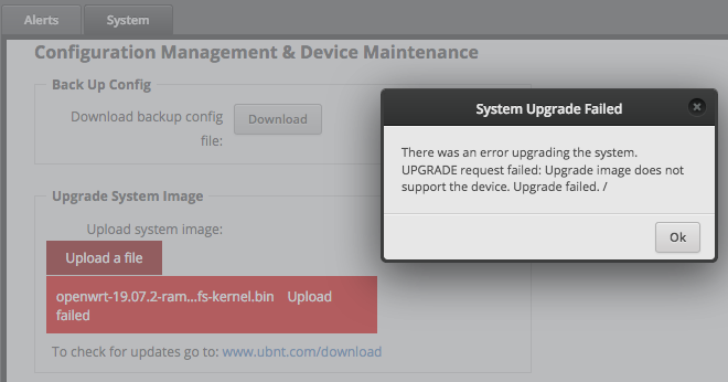 EdgeOS won't accept the OpenWrt image Upgrade Image failed