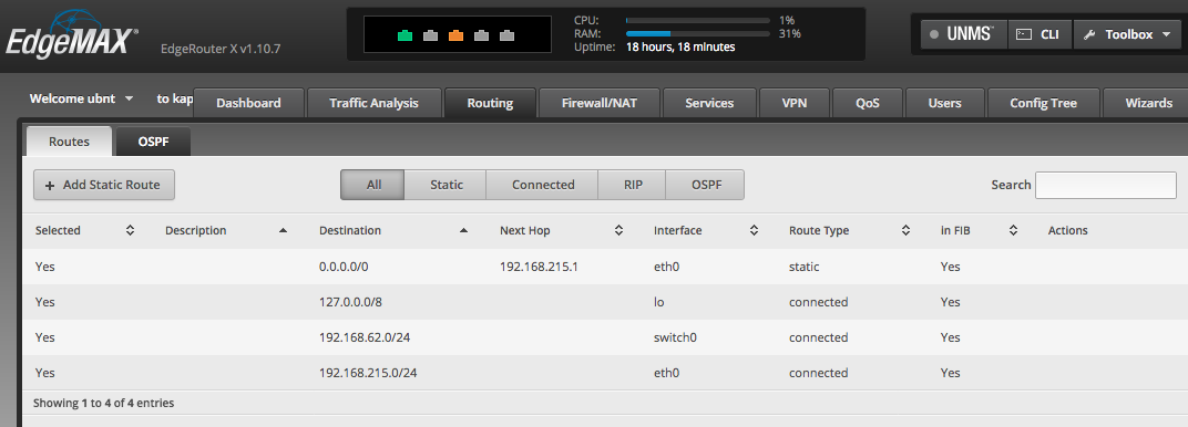 EdgeRouter Route GUI page All routes GUI