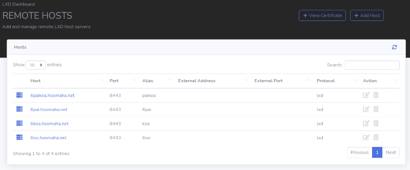 LXD Dashboard Hosts Add Hosts