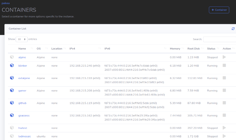 Listing containers on LXD Host Paikea listing containers